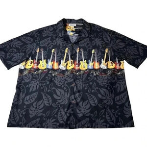 Pacific Legend Hawaiian Men 4XL Shirt Black Palm Trees Guitars Records Vacation
